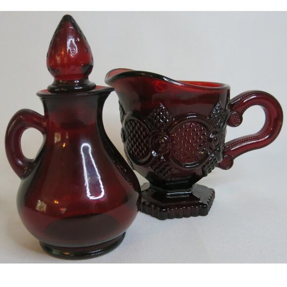 AVON Cape Cod Ruby Red Glass Set 2 Pitchers Strawberry Candle Vintage Cranberry - Picture 1 of 13